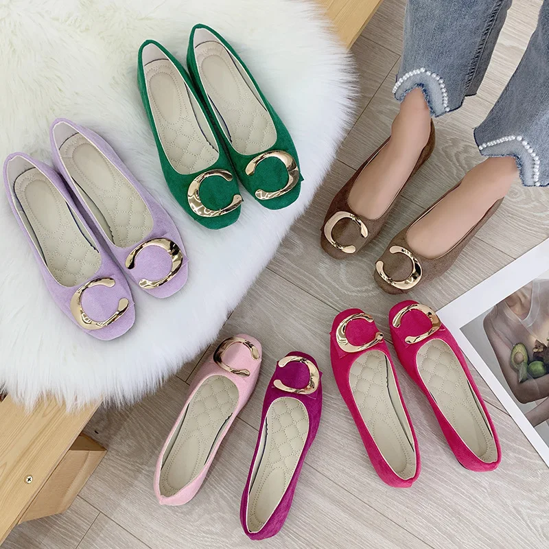 Metal  Buckle Flats Ballet Shoes Women Slip on Shallow Mouth Moccasins Elegant Women's Loafers Party Leather Ballerina
