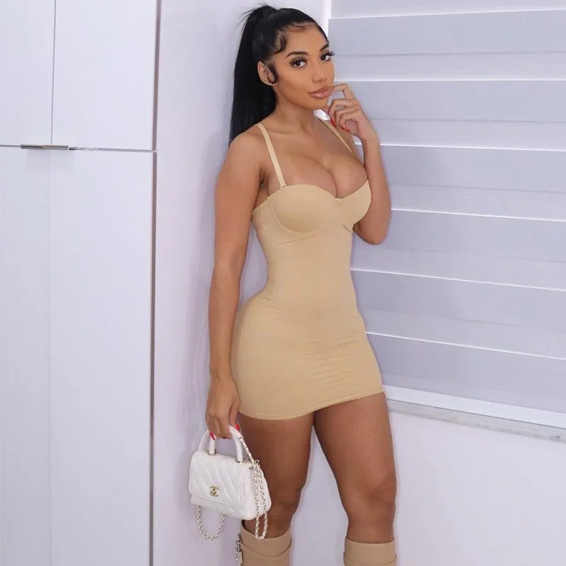 

2022 Summer Sexy Women Solid Spaghetti Strap Mini Dress Spring Sleeveless High Waist Party Club Bodycon A-line Dress For Female