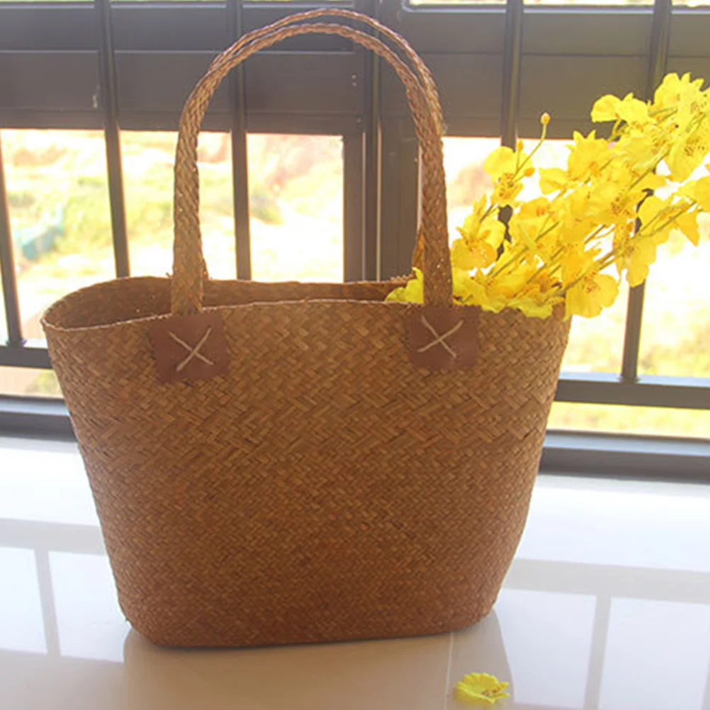 

Pastoral Style Creative Sea Grass Handcraft Natural Basket Bag Woven Bag Handbag For Travel Beach Woven Flower Basket