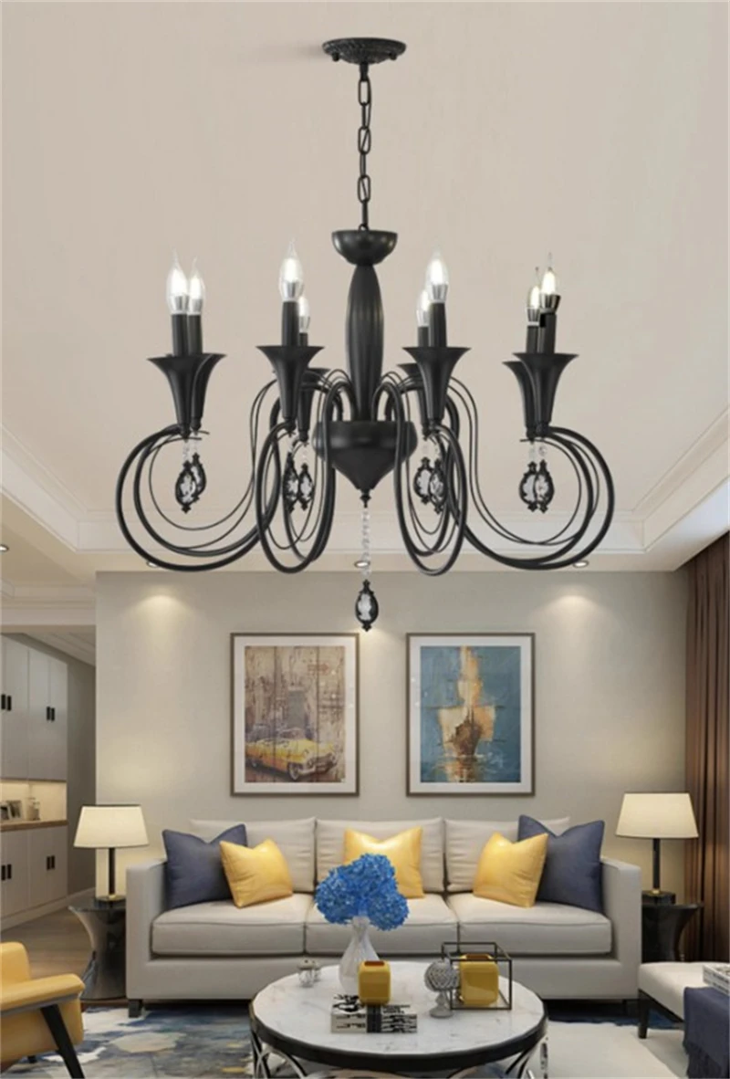 

European American Country Black Iron Chandelier Candle Light Lamp LED Droplight Kitchen Dinging Room Table Ceiling Hanging Lamp