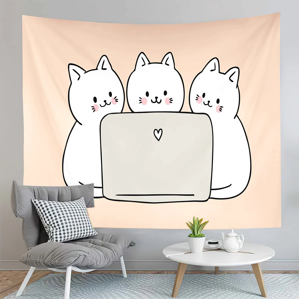 

Cartoon Cute Cats Tapestry Cat Playing Computer Tapestry White Kitty Pets Tapestry Art Home Living Room Bedroom Decor Tapestries