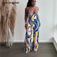 bodyconclothes women wave paisley spaghetti strap wide leg jumpsuit summer beach holiday sexy party blackless playsuit overalls