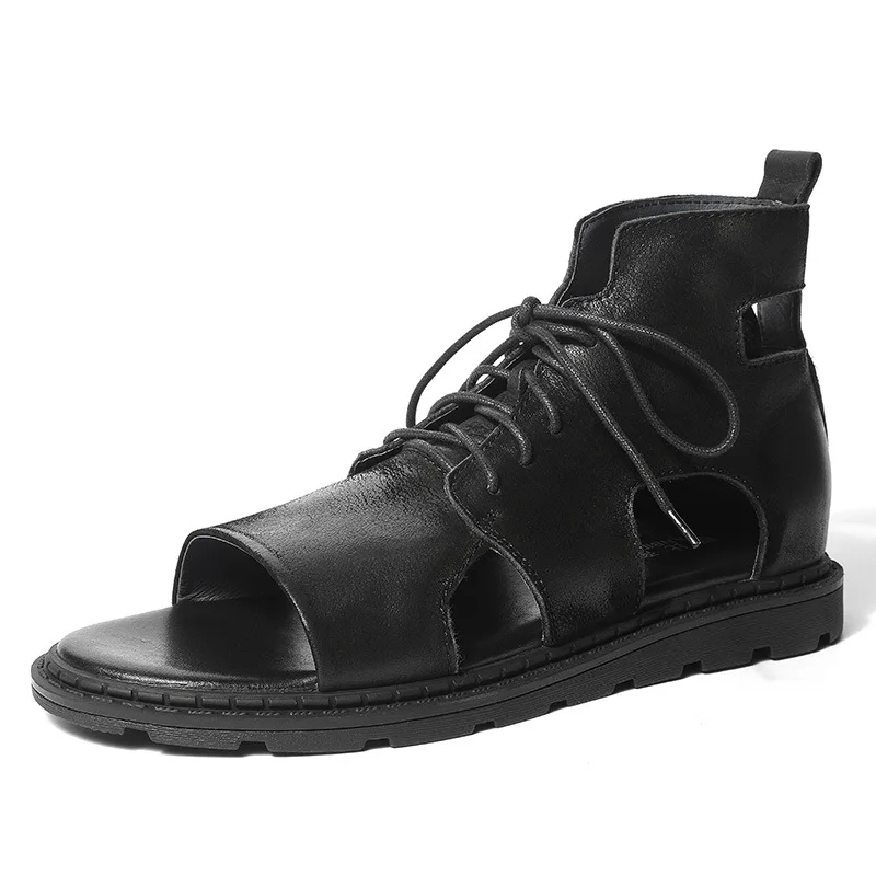 

Genuine Leather Men's Sandals 2023 Summer Fashion British Style Designer Soft Leather Outdoor Beach Shoes Black Handamde Sandals