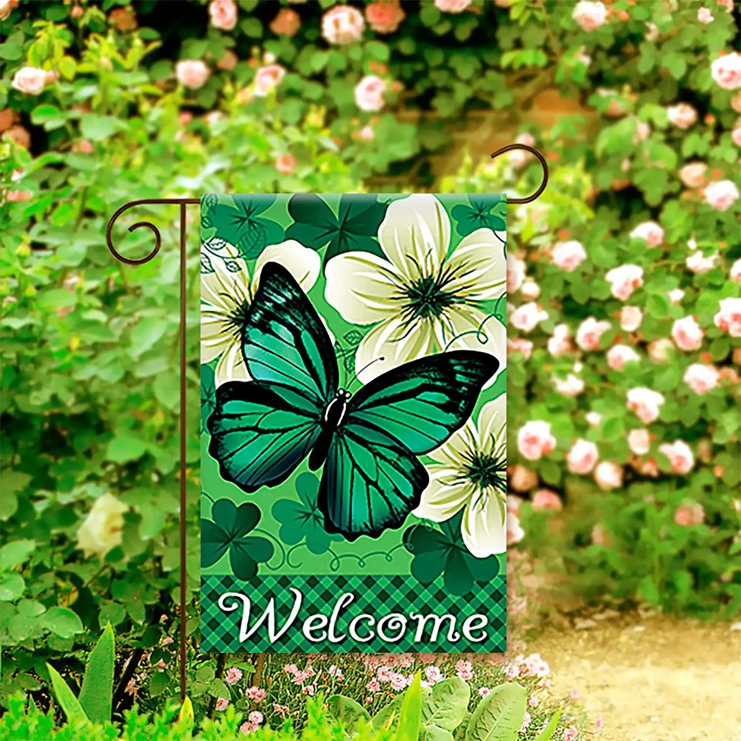 

Welcome Clover Butterfly House Flag Decorative St.Patrick's Day Double Sided Flag Banner for Outside House Yard Home Decorative