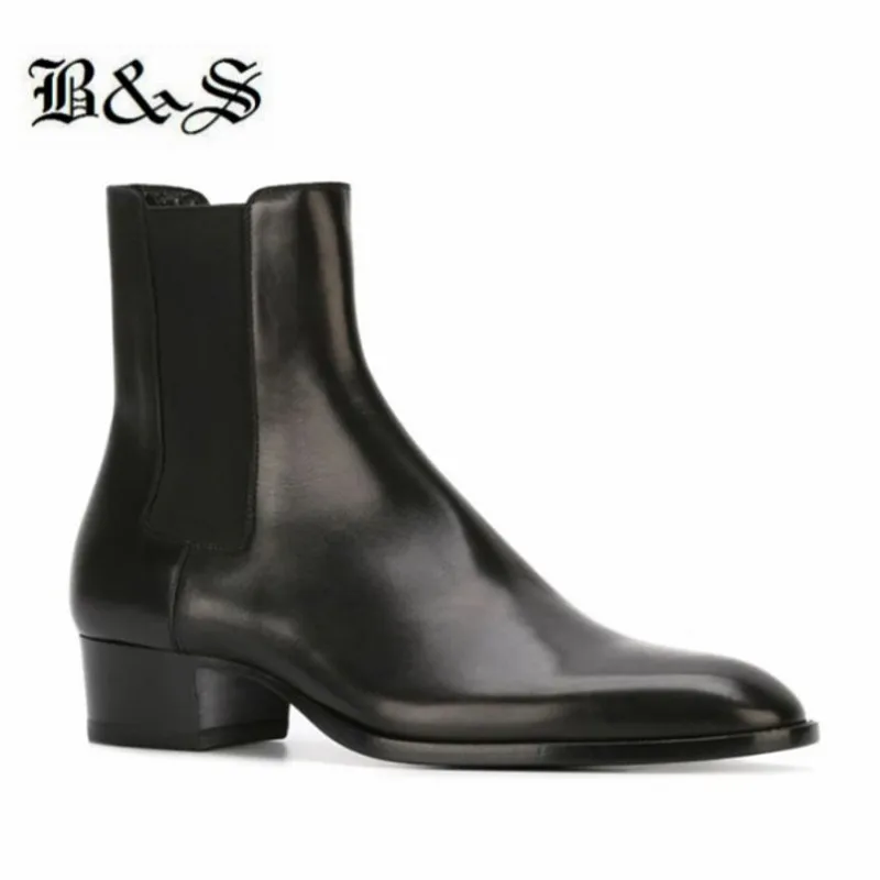 

Black& Street Wedge 4cm Heel Handmade Genuine Leather Slip On Chelsea Men Boots