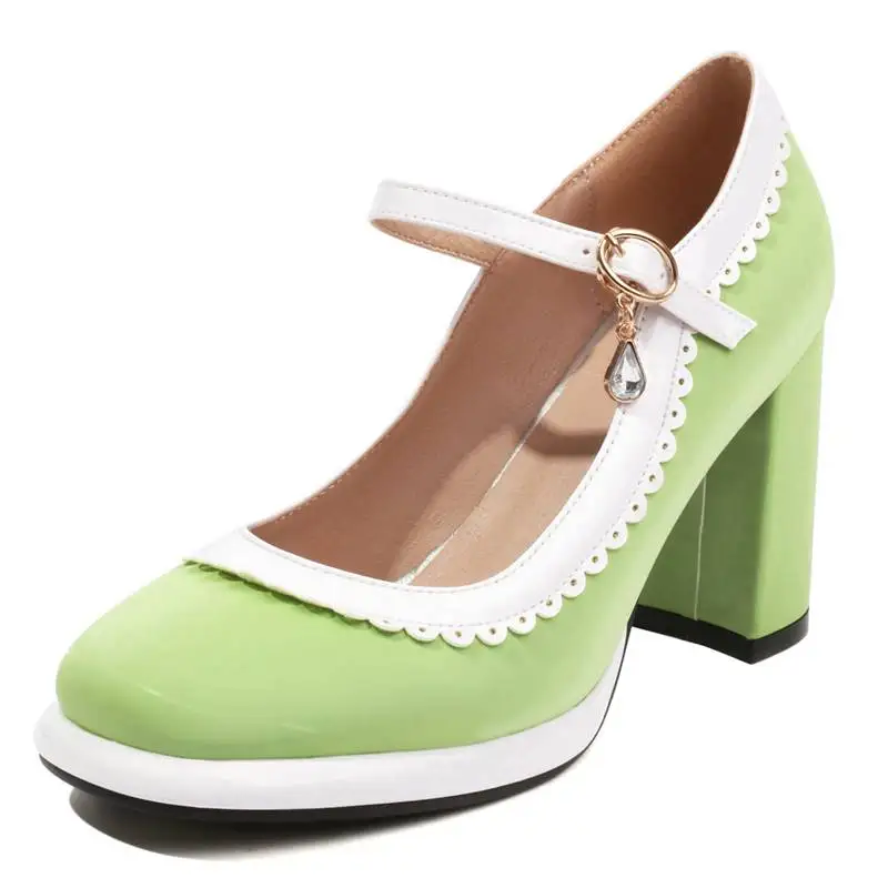 

ASILETO Design Women Pumps Round Toe Block Heel 9cm Platform 3cm Buckle Strap Mixed Laciness Sweet Dating Shoes Big Size 44 45