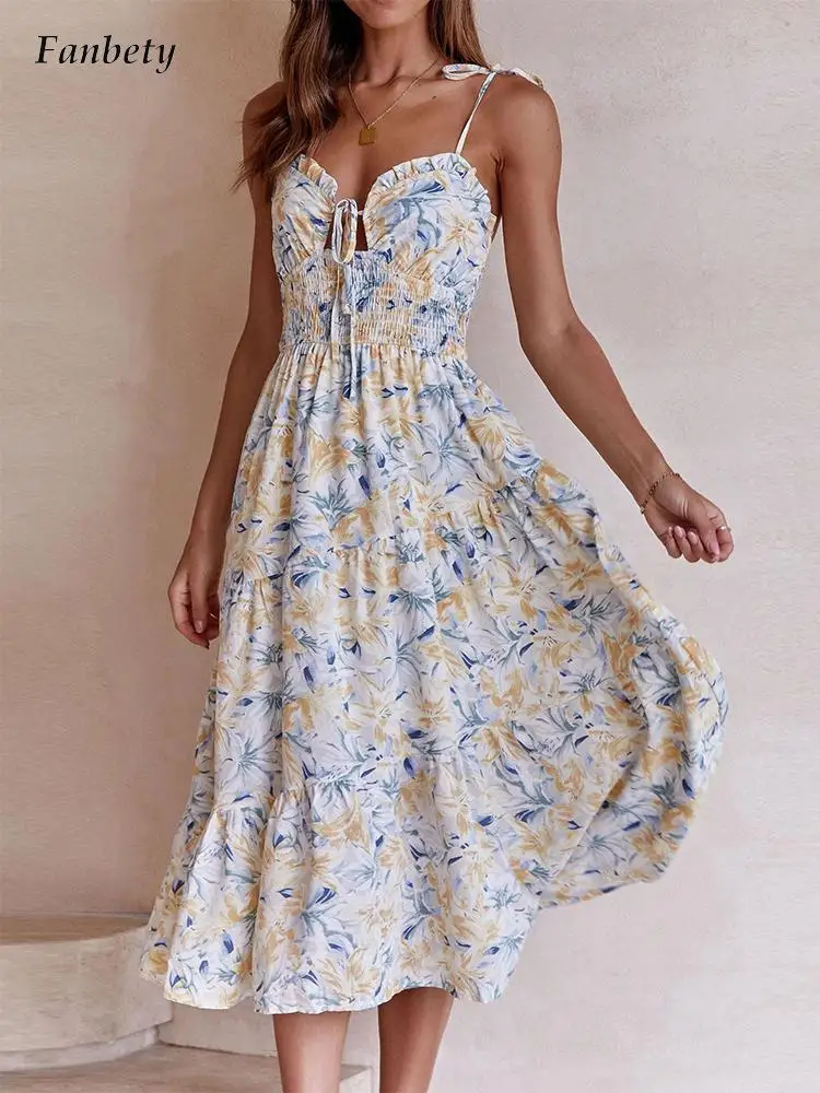 

Women Elegant Off Shoulder Floral Pirnting Long Dresses 2022 Summer Fashion Sexy Backless Bow Design Party Dress Female Mujers