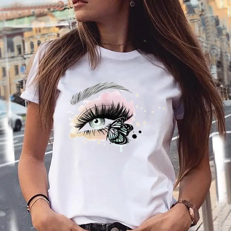Women Watercolor Eye Graphic 90s Make Up Eyelash Style Cartoon Summer Female Clothes Fashion Print Tops Tees Tshirt T-Shirt