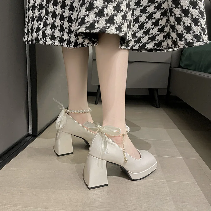DGZBRV Ladies Shoes On Offer Shoes Classics Rubber 9cm Square Toe String Bead Spring Autumn Pumps Mary Janes Low Price