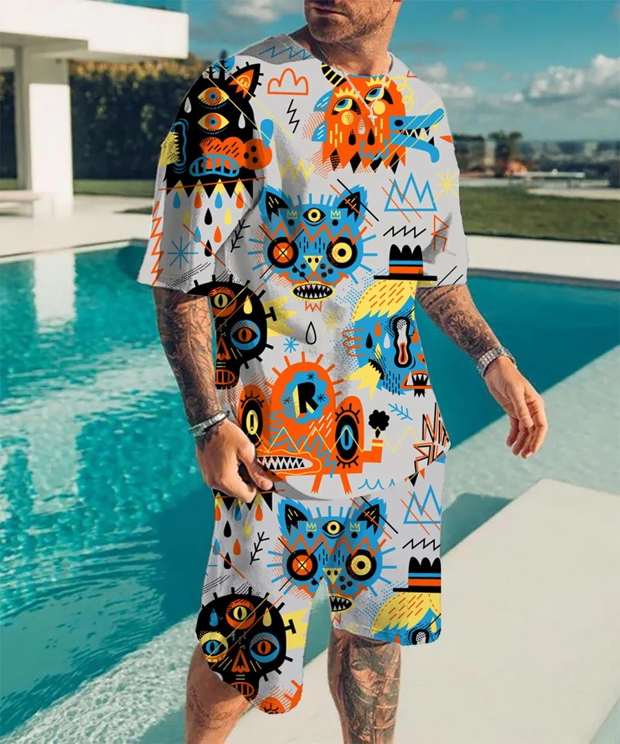 Men's Sportswear 2-Piece Summer Sports Pants Set Trendy Pattern T-Shirt Beach Casual Shorts New Anime 3D Printed Men's