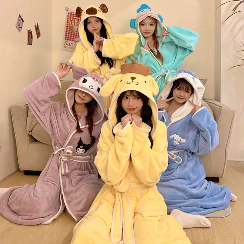 Ночная рубашка Sanrio Melody Kuromi Cinnamoroll Мультяшные узоры коралловый флис осенне-зимний