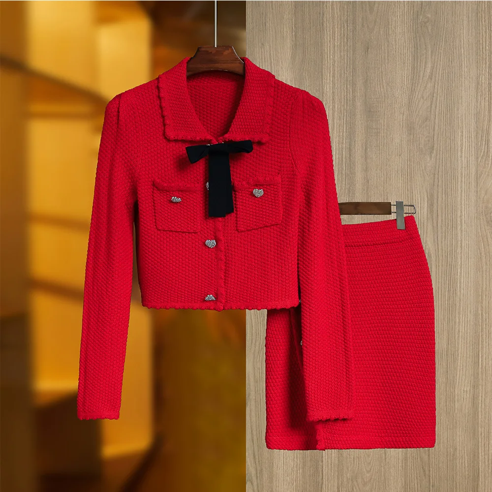 Женский трикотажный костюм с юбкой, красный однобортный свитер с бантом и мини-юбка, комплект из 2 предметов, 2023