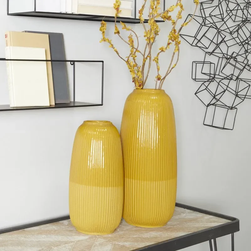 

Brilliantly Yellow 14"H Ceramic Vase Set, 2 Pcs for Home Ornaments Decoration
