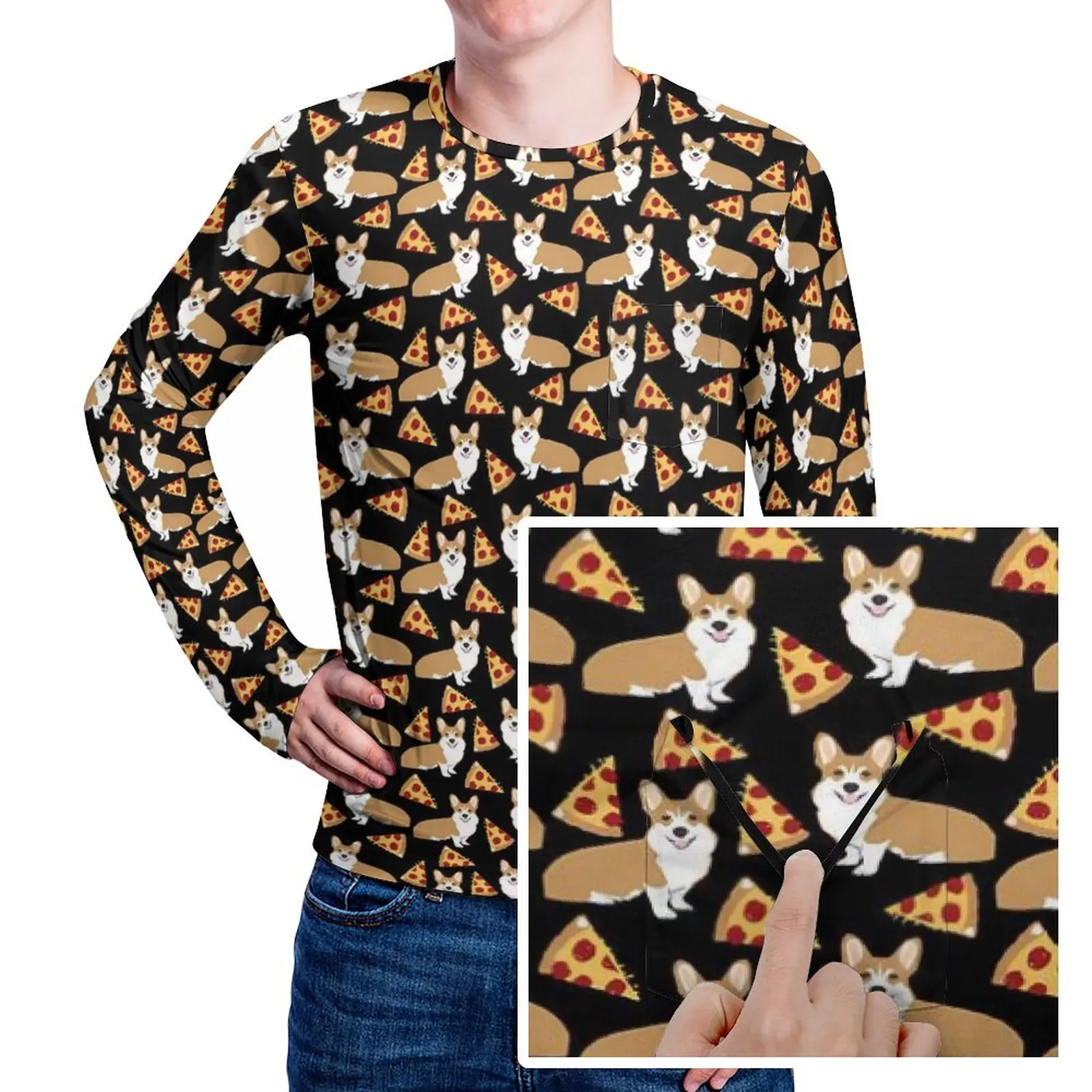 

Corgi Pizza T Shirt Funny Dogs Print Men Novelty T-Shirts With Pocket Graphic Tees Long Sleeve Kawaii Oversized Birthday Present