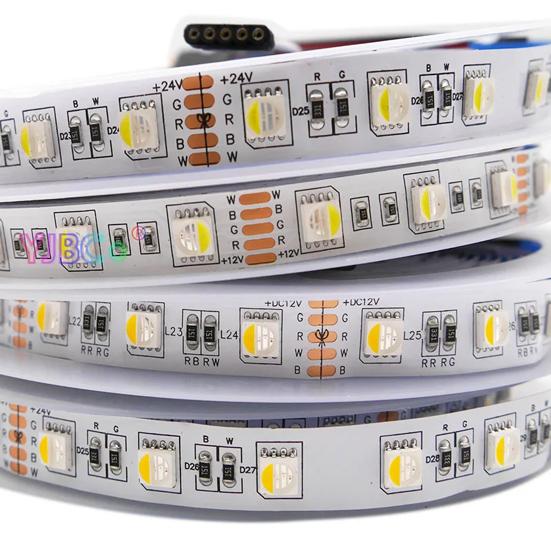 5m/lot 4 in 1 LED Strip Light RGBW/RGBWW DC12V 24V SMD 5050 flexible Lamp Tape 60Leds/m Waterproof IP30/65/IP67 White FPCB