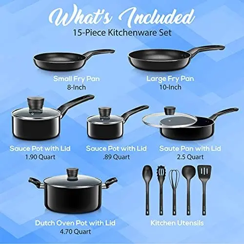 

Pots & Pans Basic Kitchen Cookware, Black Non-Stick Coating Inside, Heat Resistant Lacquer (15-Piece Set), One Size, Blue