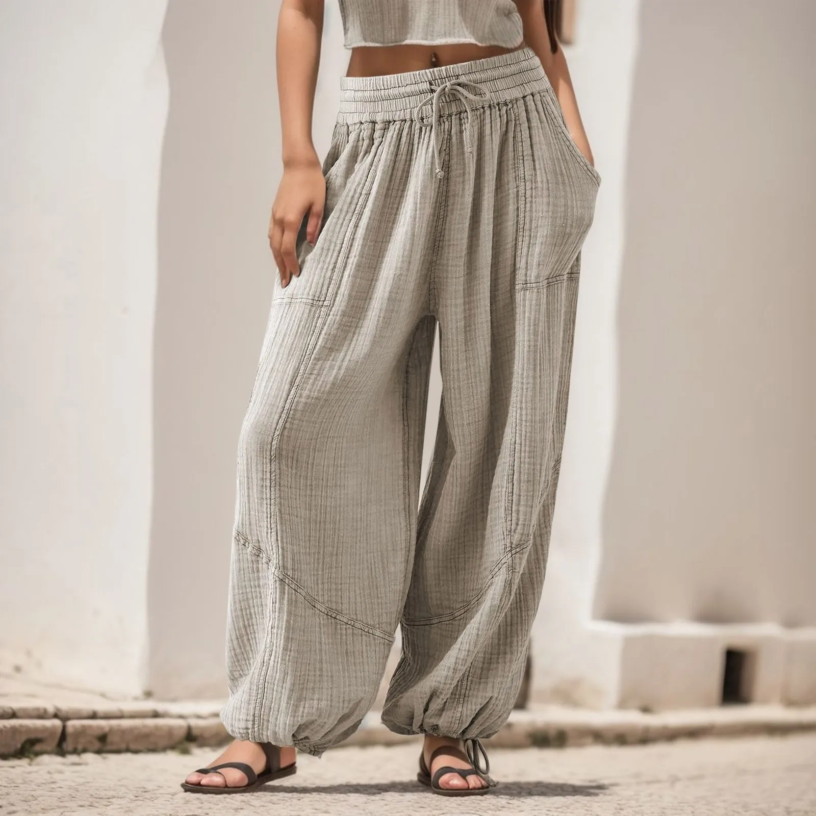 

Women Harem Pants Summer Casual Vintage Cotton Linen Pants Elastic Waist Wide Leg Retro Loose Pockets Female Mom Trousers 2023