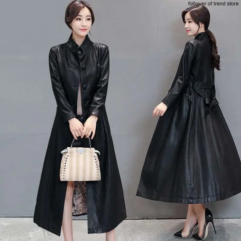 2022 Long St Collar Leather Coat Autumn  Winter Korean Women's Leather Coat X Long  Leather Jacket Women for Elegant Lady Office