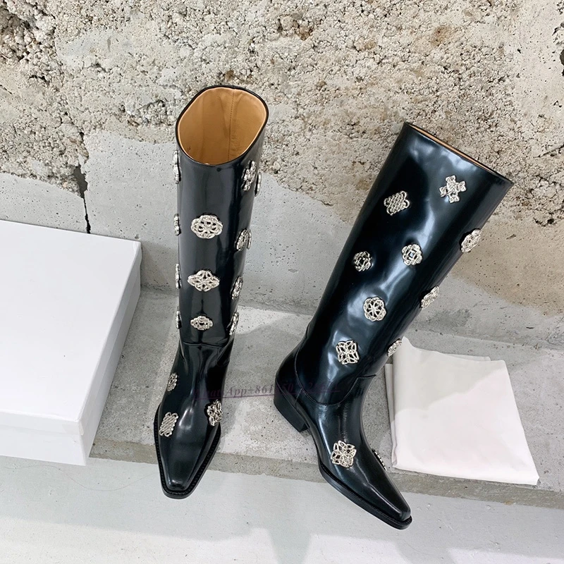 Black Metal Decorative Low Heel Boots Chunky Heel Rider Boots Women's New All-match Long Boots