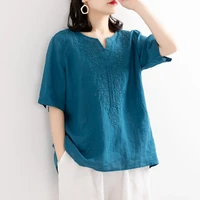 2022 summer new retro embroidery cotton t shirt loose v neck solid short sleeve pullover top women traditional chinese shirt