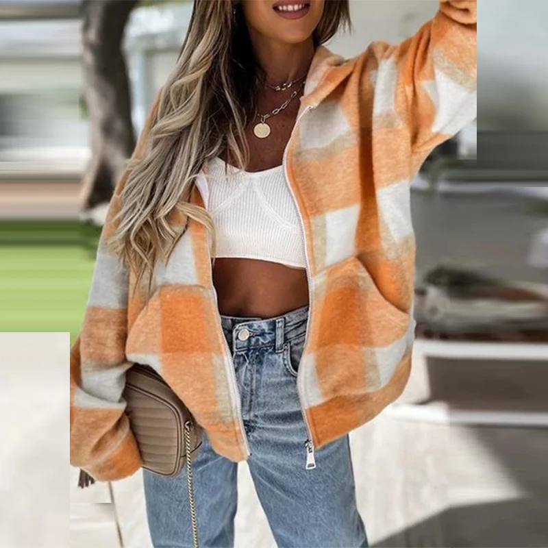 

Autumn Spring Pocket Long Sleeve Warm Coat with Zipper Check Pattern Plush Hooded Jacket Women Casual Plaid Loose Outerwear