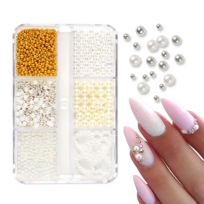 6 ячеек белый жемчуг для ногтей части смешанный стальной шар галстук-бабочка