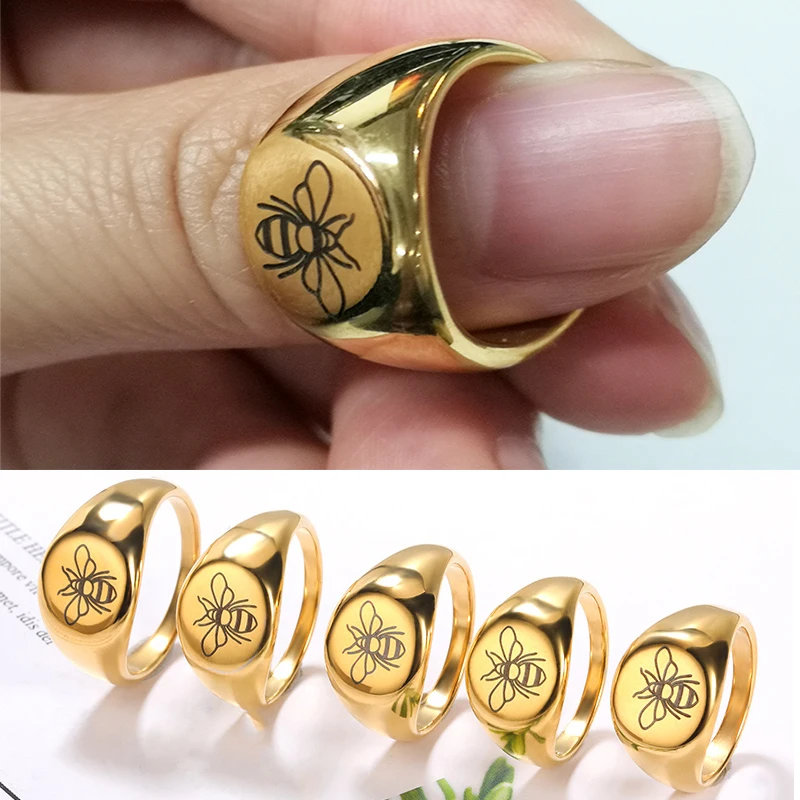 

Size 6-10 Rings For Women Men Bee Pattern Stainless Steel Gold color Wedding Engagement Rings Jewelry Anniversary Gift