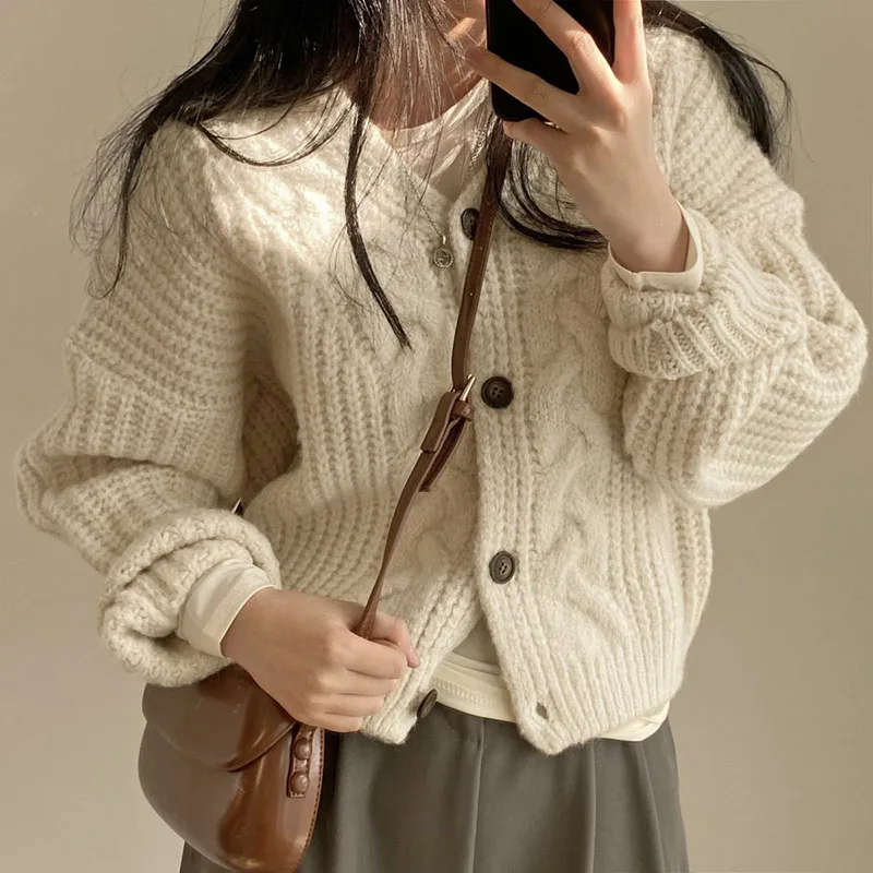 Lazy Style Solid Color Knit Cardigans Women Twisted Single Breasted Sweater Cardigan Woman All-Match Short Knitted Coat