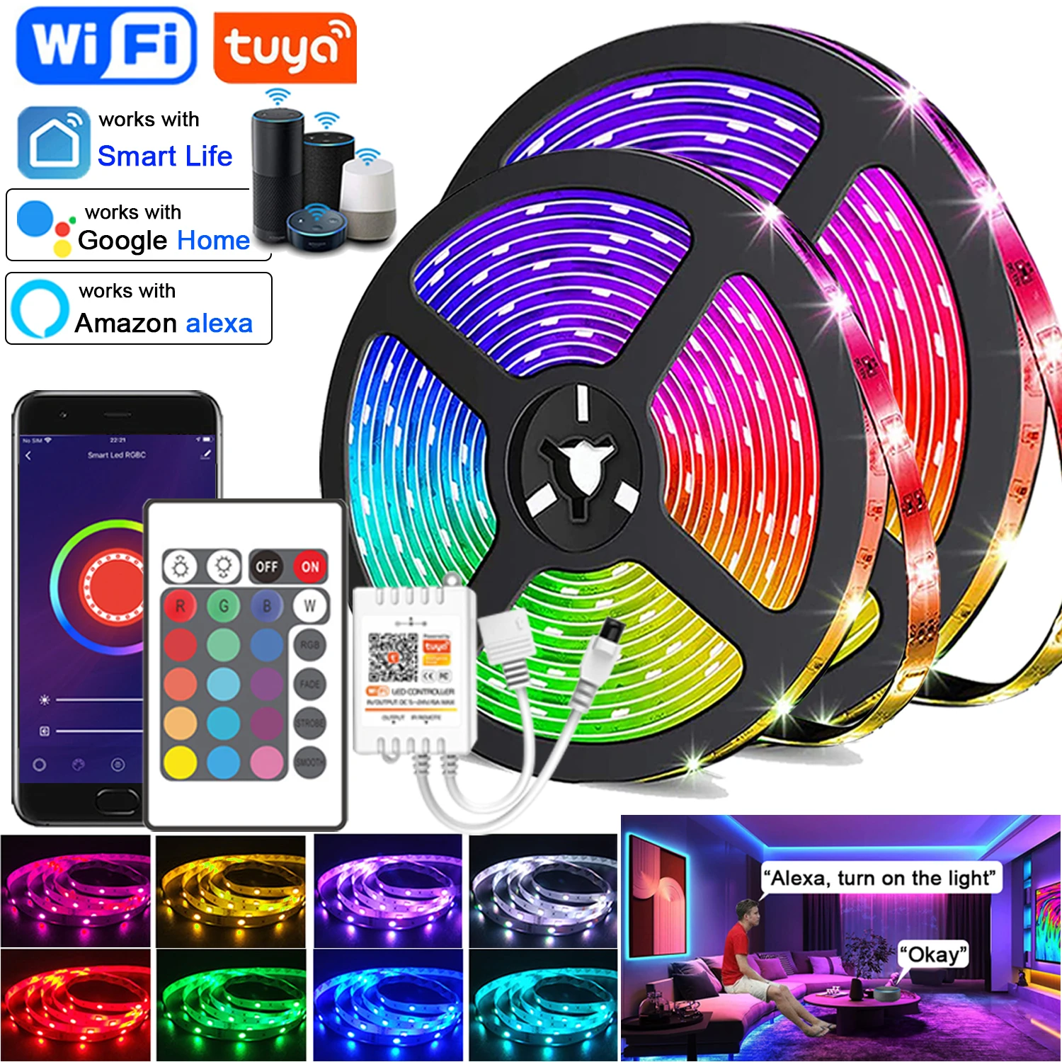 

Wifi Led Strip Lights RGB 5050 Led tape, Tuya Smart Life App Controlled Led Lights, work with Alexa Google Home