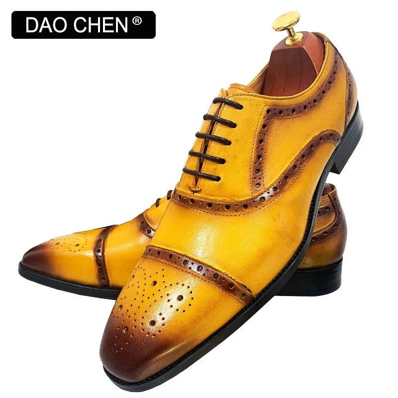 LUXURY BRAND MEN OXFORD SHOES BLACK YELLOW LACE UP BROGUE CAP TOE ELEGANT MENS DRESS SHOES OFFICE WEDDING REAL LEATHER SHOES MEN