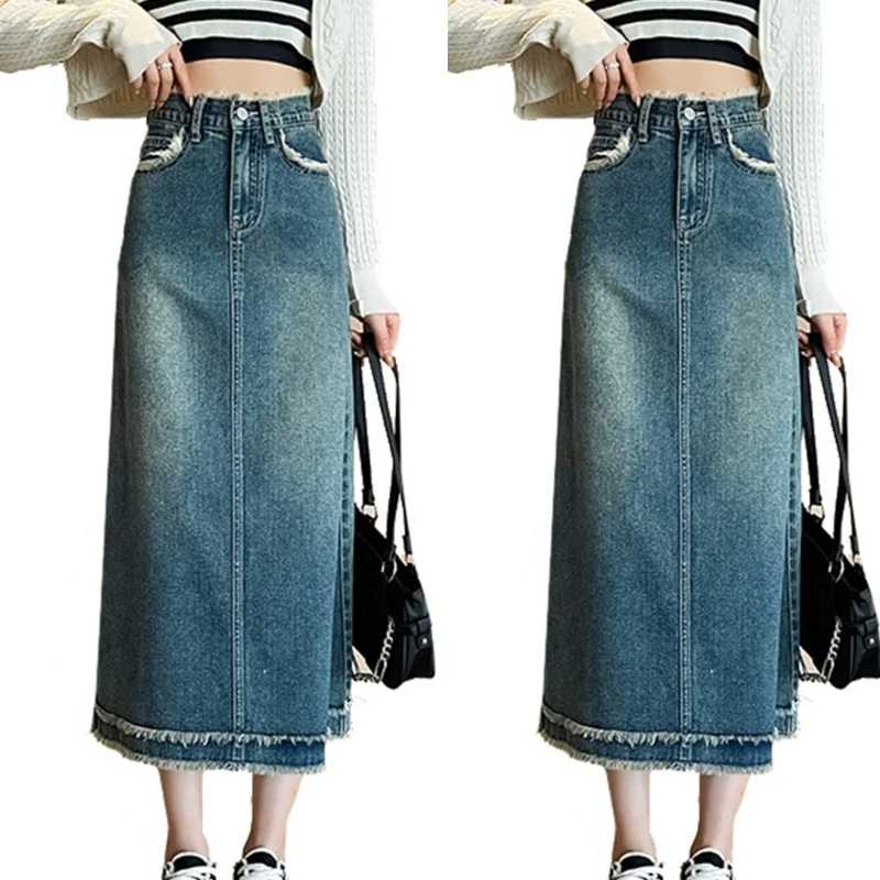 

F42F Long Denim Skirt Vintage Button High Waist Pencil Denim Skirt Women Skirts