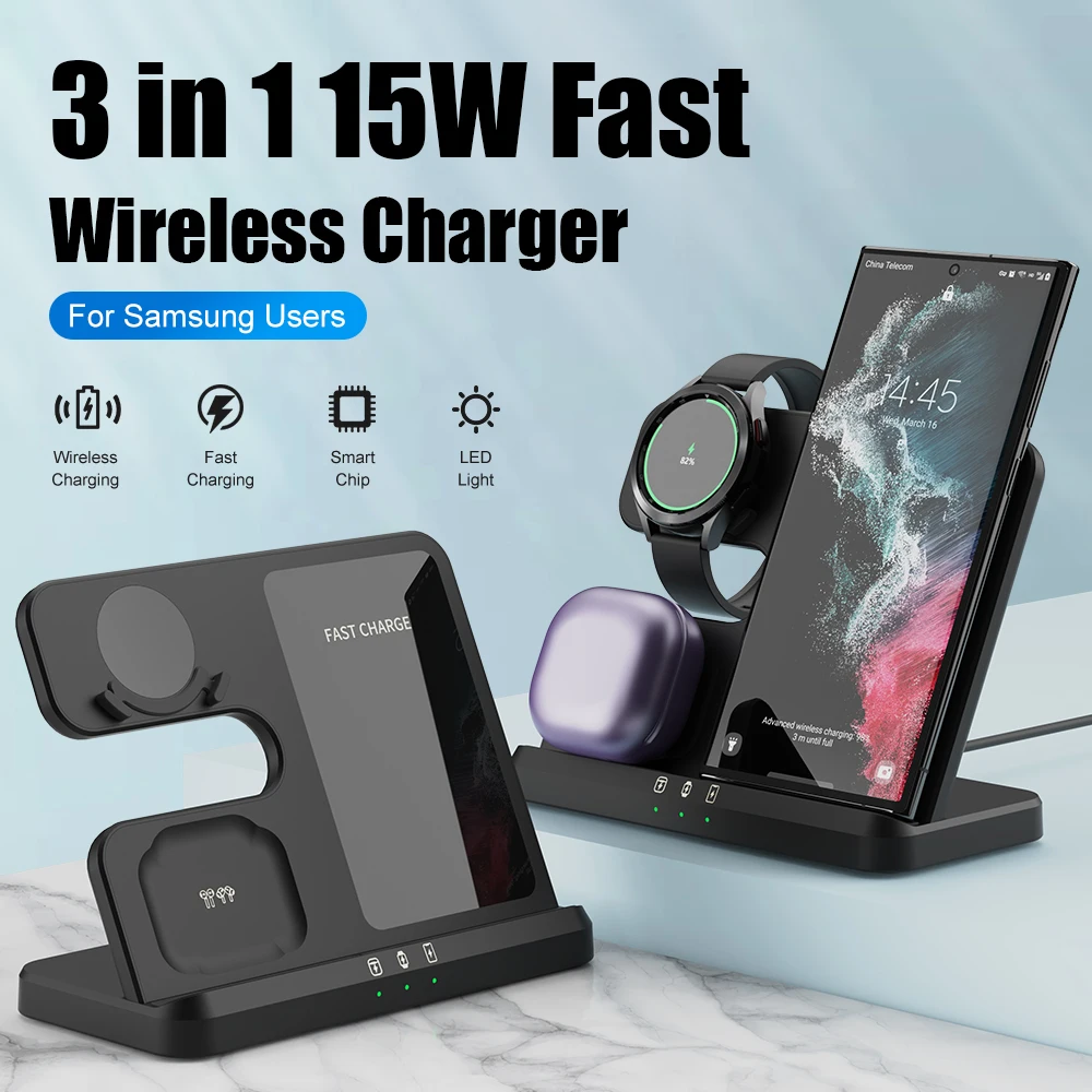 

3 In 1 Wireless Charger Stand for Samsung Galaxy S23 S22 Ultra S20 15W Fast Charging Dock Station Airpods Pro 2 Holder Buds2 Pro