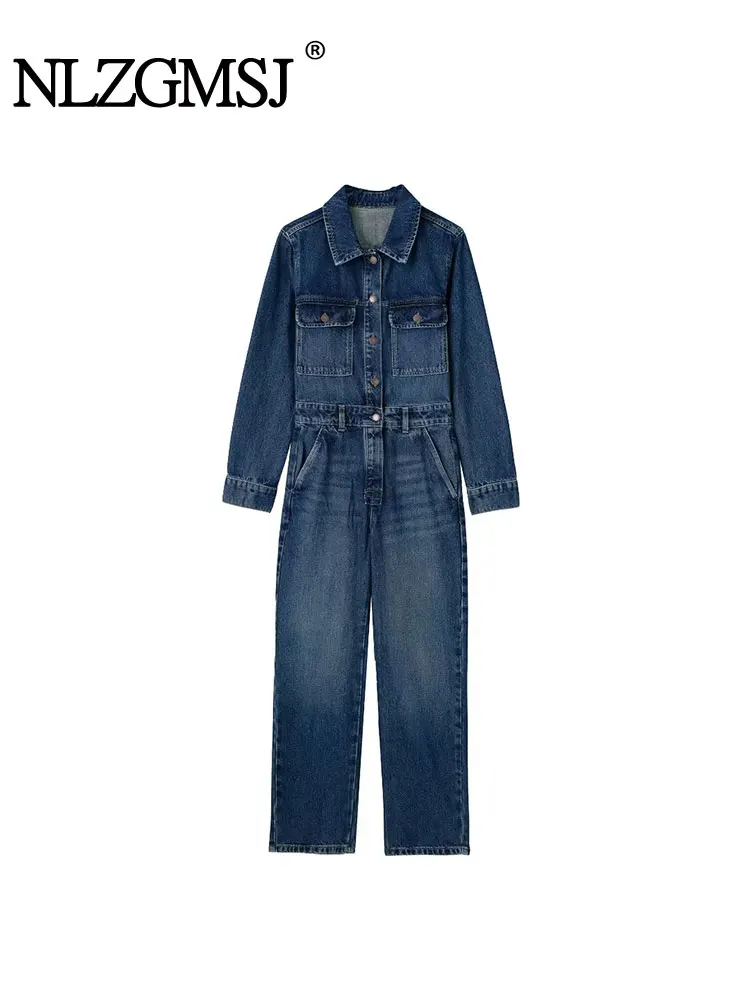 

Nlzgmsj TRAF Женский джинсовый комбинезон на пуговицах, повседневный комбинезон с лацканами, весна-осень 2023