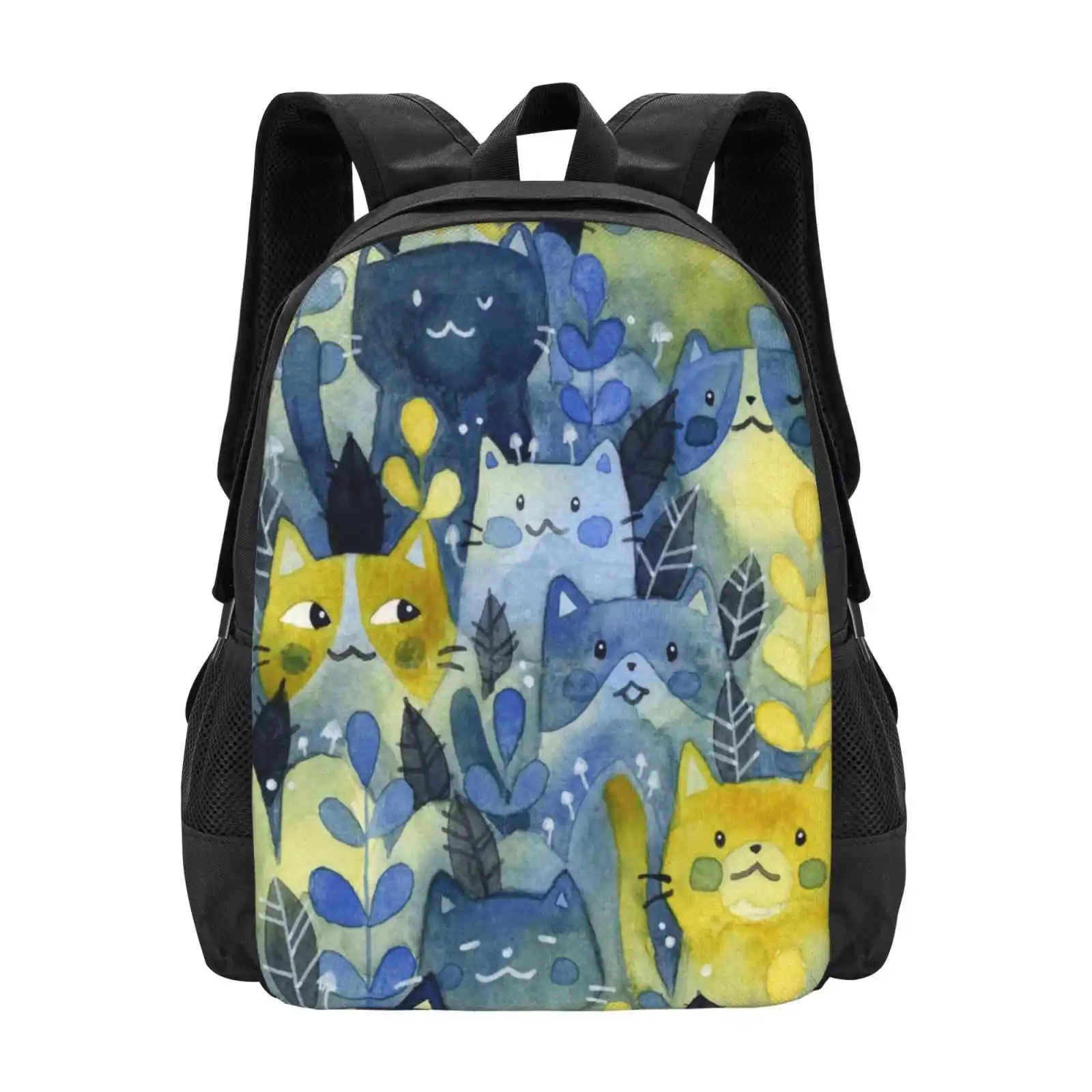 

Kitty Forest School Bag Big Capacity Backpack Laptop Cats Kitty Animals Cute Watercolour Watercolor Nature Forest Leaves Blue