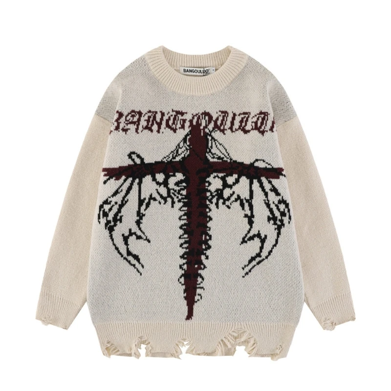 

Men Crosses Wing Jacquard Oversize Tunic Top Punk Long Sleeve Distressed Sweater A5KE