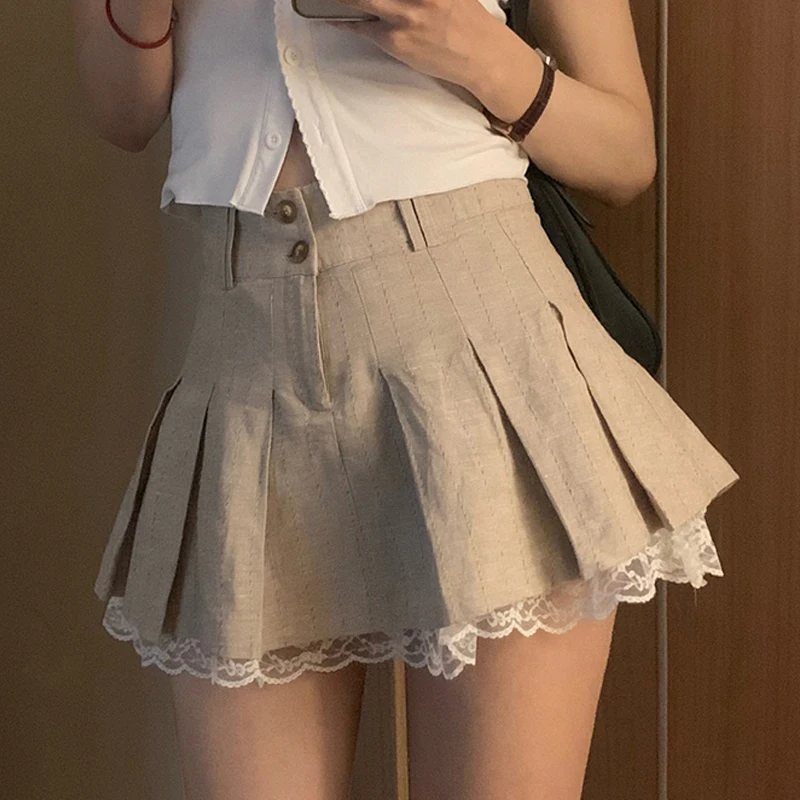 Korean Fashion Khaki Short Skirt Lace Trim Cute Pleated Skirt Women's Preppy Button Up High Waist Summer Dress Women y2k E-girl