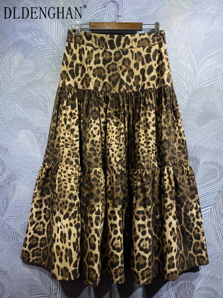 DLDENGHAN 100% Cotton Skirt Spring New Fashion Design Women Runway High Quality Vintage Leopard Print Sicily A-Line Skirt