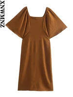 xnwmnz 2022 women fashion solid color square neck lotus leaf sleeve midi dress female retro elegant chic dresses