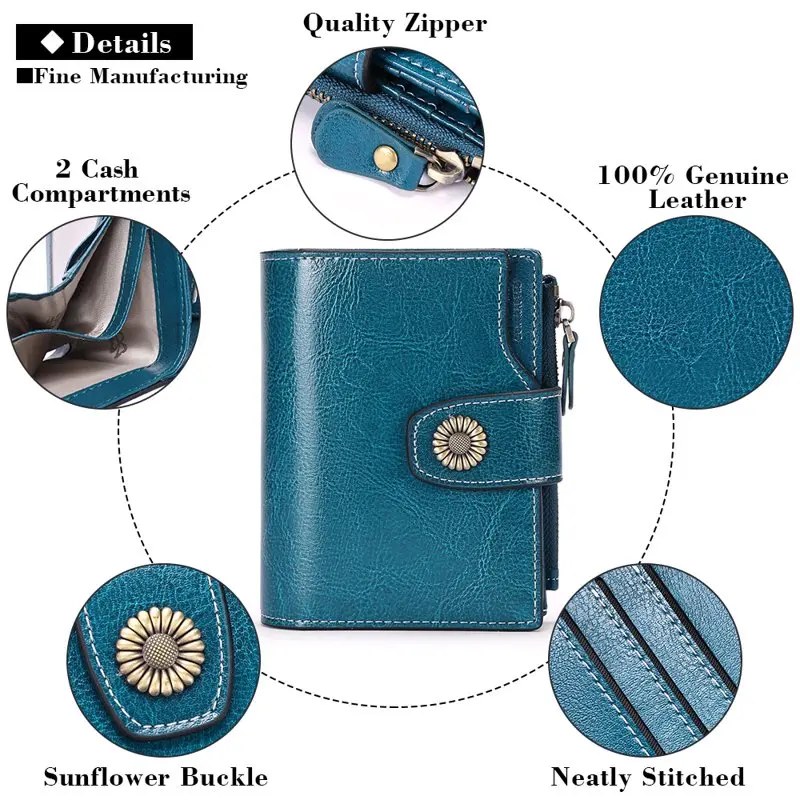 Small Wallet for Women Genuine Leather Bifold card holder RFID Blocking Coin Purse