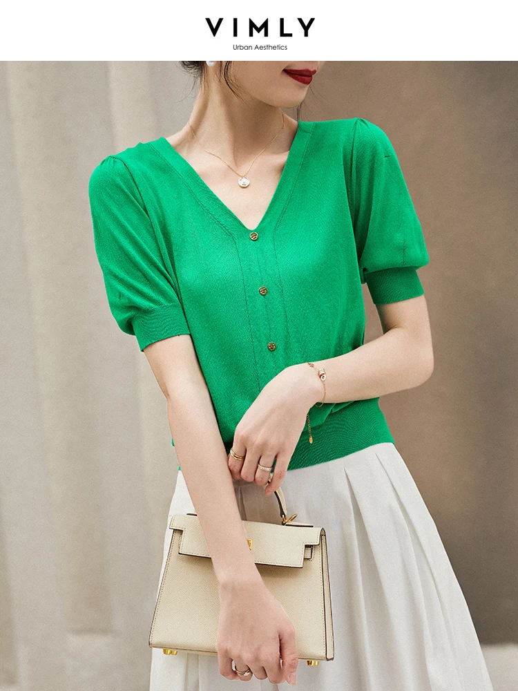 

Футболка Vimly V2279 женская с коротким рукавом, повседневный трикотажный топ с зеленым принтом и V-образным вырезом, весна 2023