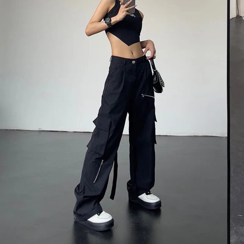 Koreanische Hip Hop Schwarz Cargo Hosen Gothic Gerade Casual Streetwear frauen Tasche Kette Punk Stil Hosen 2022 Sommer Mode