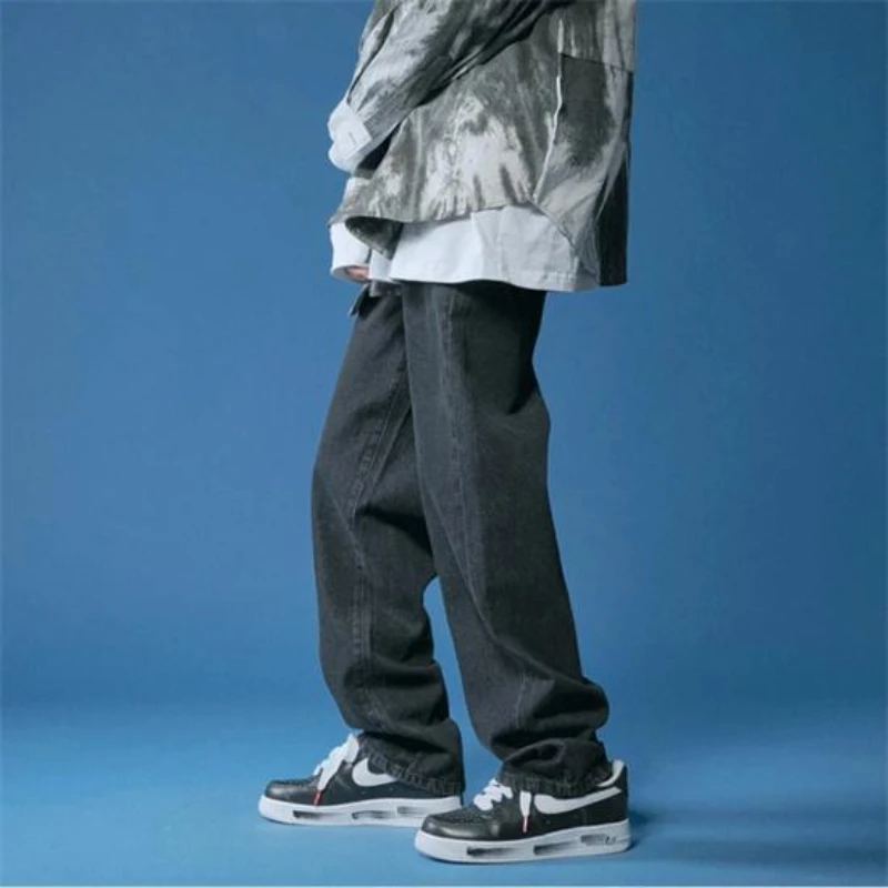 Straight Jeans Men Autumn White/black Korean Man Loose Denim Trousers Streetwear Male Casual Pants Men's Solid Color Wide Jeans