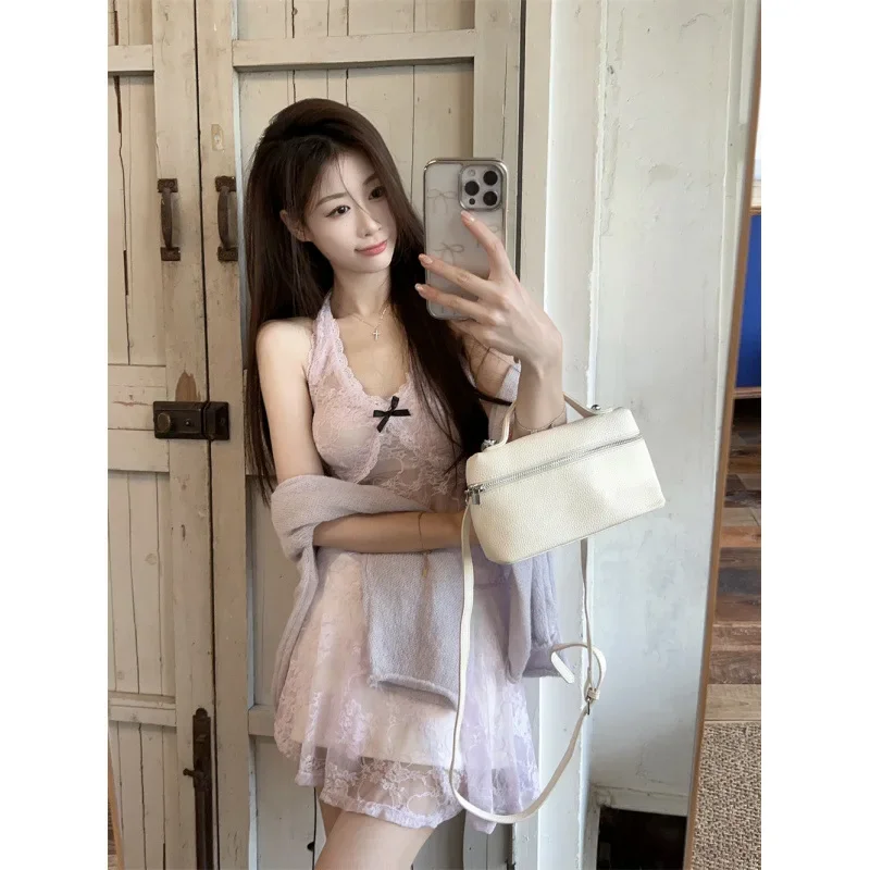 2024 Pure Desire кружевное сетчатое платье с бретелькой на шее и длинными рукавами