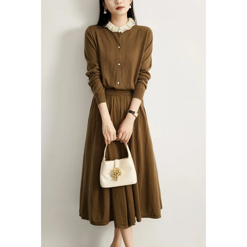 Женский вязаный кардиган с деревянным воротником-ушком длинная верхняя юбка