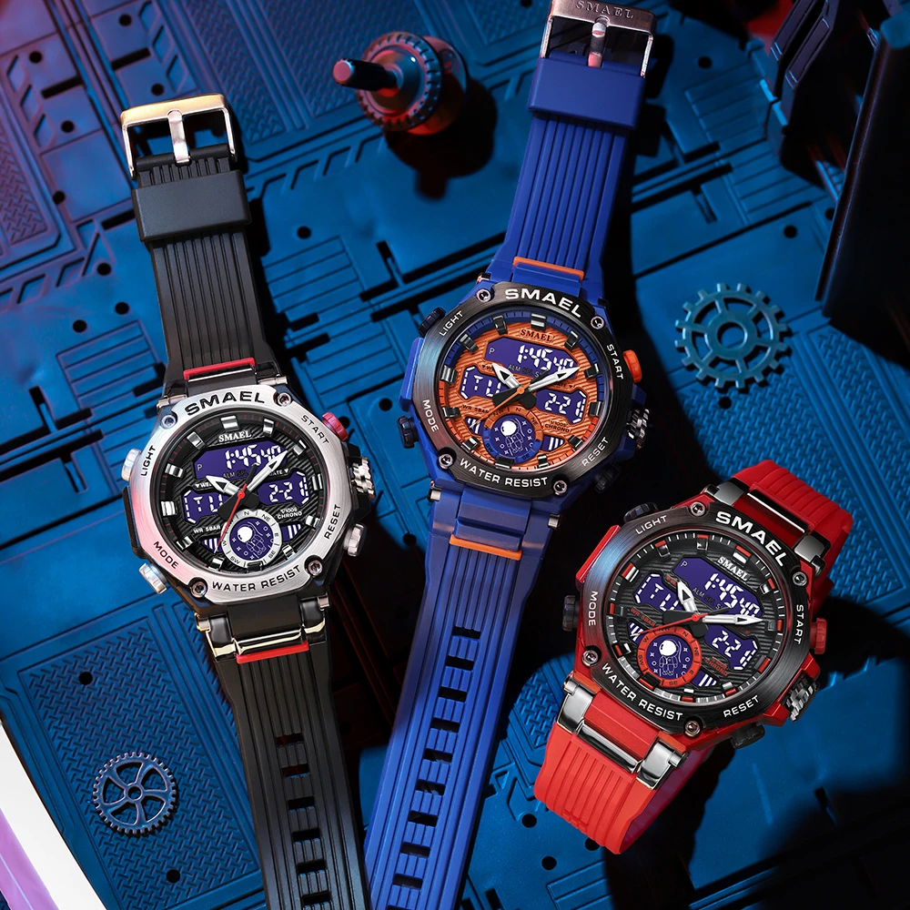 SMAEL Sport Digital Watches For Men Alloy Case Dual Display Analog Quartz Watch Sports Student Stopwatch Electronic Wristwatch