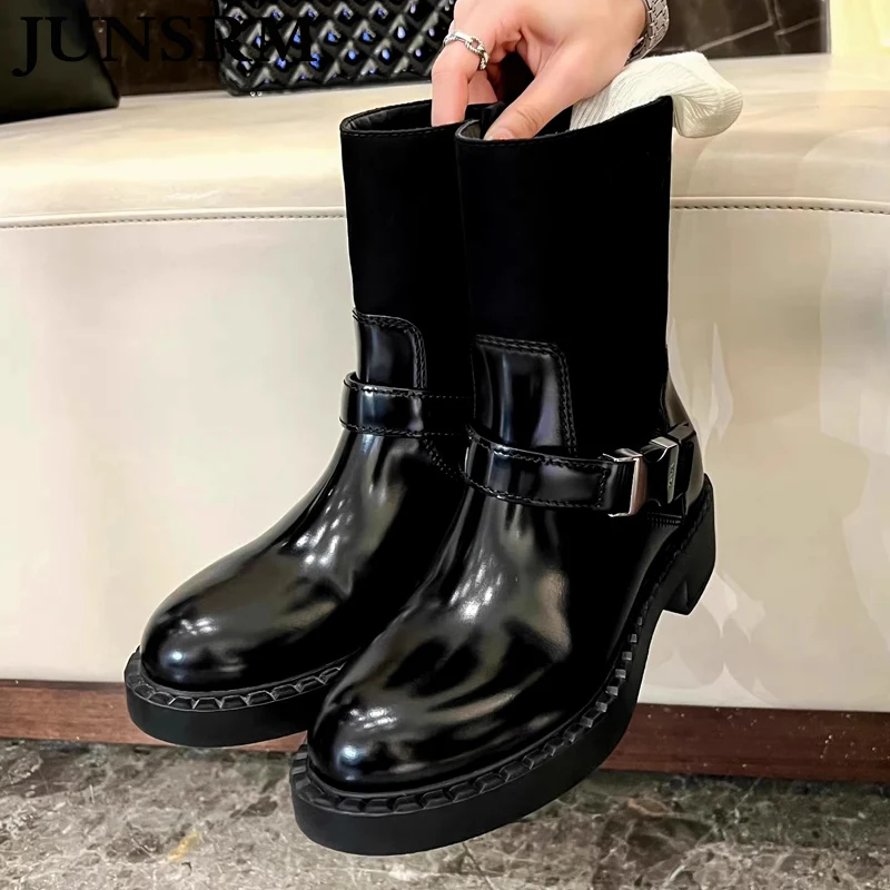 

Женские кожаные ботинки, Универсальные ботинки до середины икры, с боковой молнией, на толстой подошве, модные короткие ботинки, обувь с металлическим декором на толстом каблуке