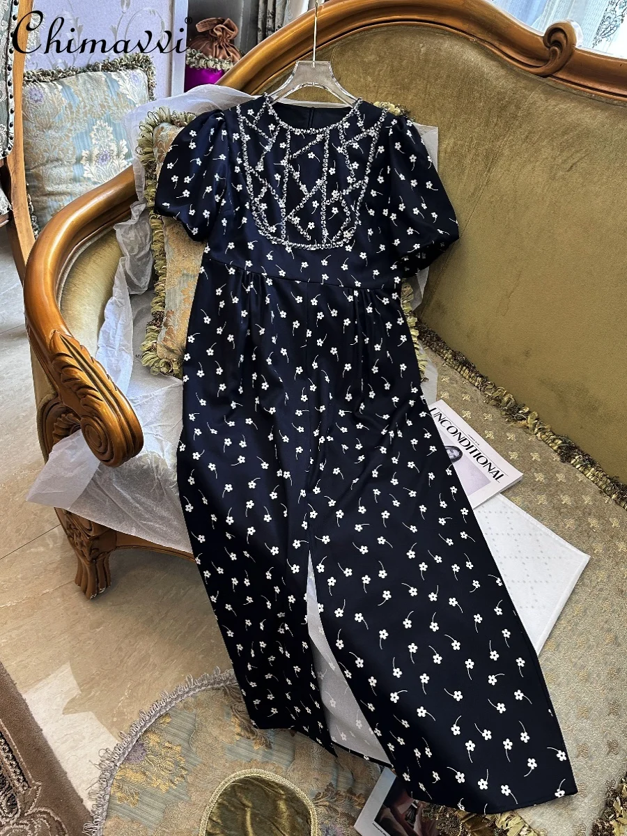 

Summer Women's Dress Fashion Mid-length Floral Heavy Beads Puff Sleeve Vacation Dress High Waist Slimming Elegant Party Dress