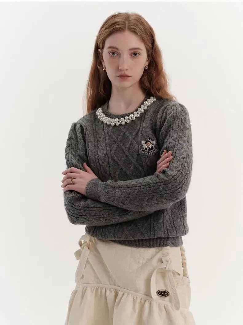 

Пуловеры с вышивкой в стиле преппи для женщин, зимние Джемперы оверсайз, свитер серого цвета для студенток, свитшот, кофта женская