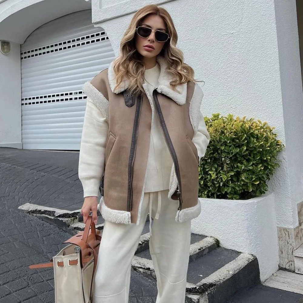 

PB&ZA Women 2022 Autumn New Fashion Fur in One Waistcoat Vintage Sleeveless Female Vest Coat Chic Tops