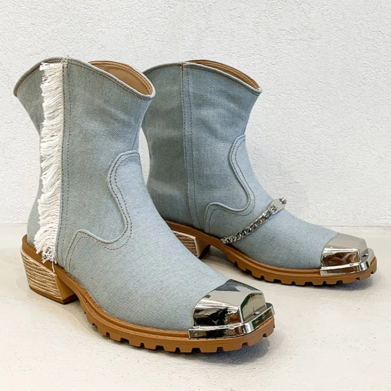 Женские ковбойские ботильоны с квадратным носком брендовые туфли на высоком